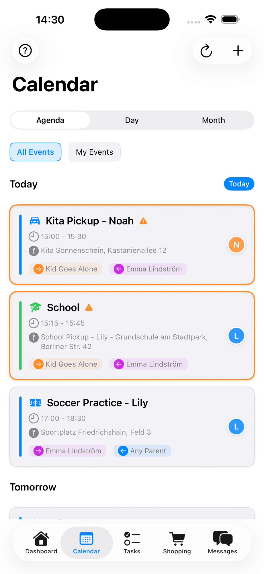 Calendar agenda view showing today's events with Kita Pickup, School Pickup, and Soccer Practice linked to children and family members