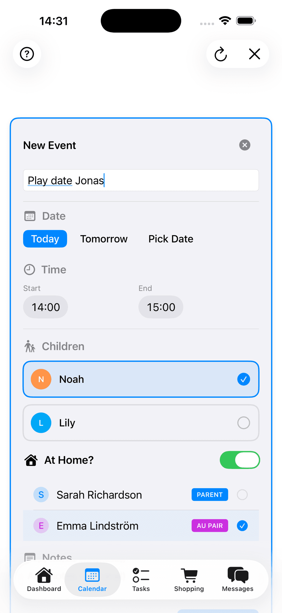 New Event creation form with title, date picker, time range, children selection, and family member assignment