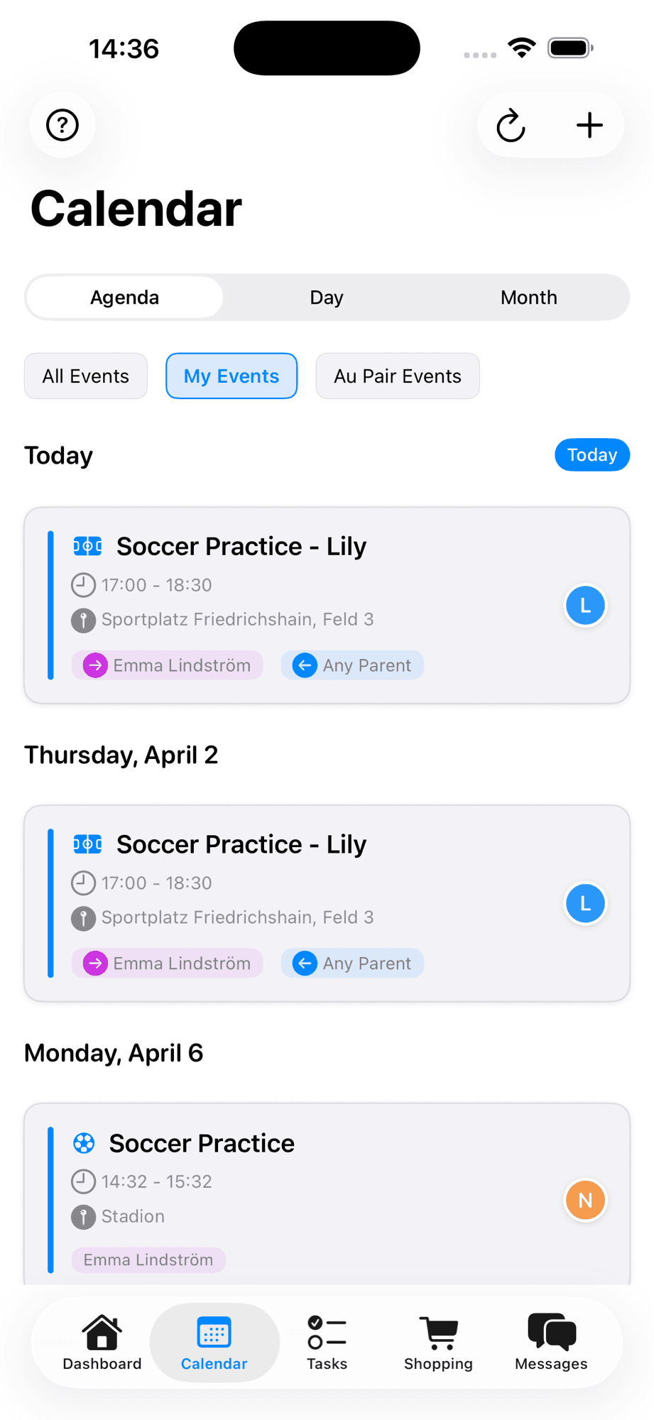 Calendar agenda view with My Events filter active, showing only the parent's relevant events across multiple days