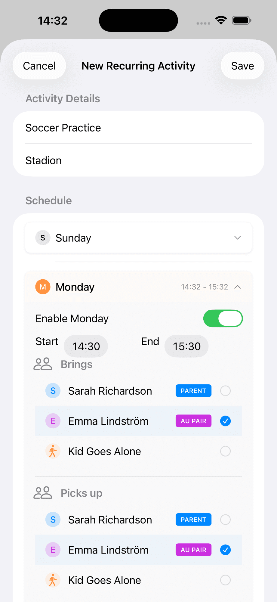 New Recurring Activity form showing Soccer Practice with per-day scheduling, time settings, and bring/pickup assignment