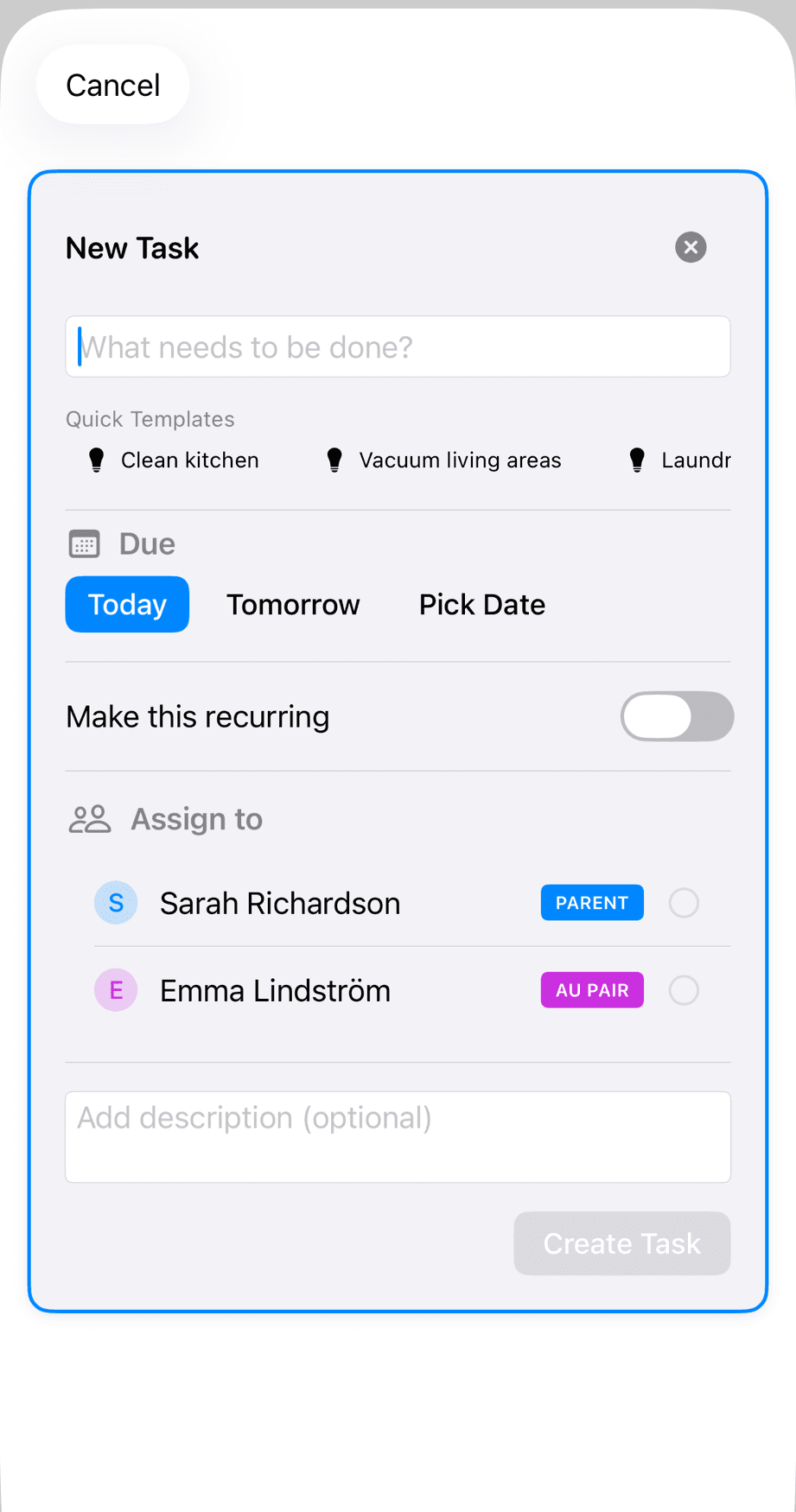 New Task creation form with quick templates, due date picker, recurring toggle, and family member assignment