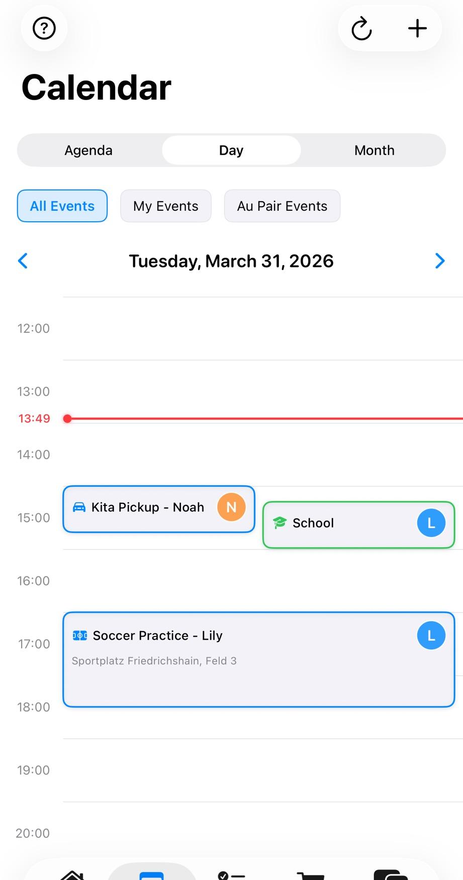 AuPairSync calendar day view showing Kita Pickup for Noah, School for Lily, and Soccer Practice with location