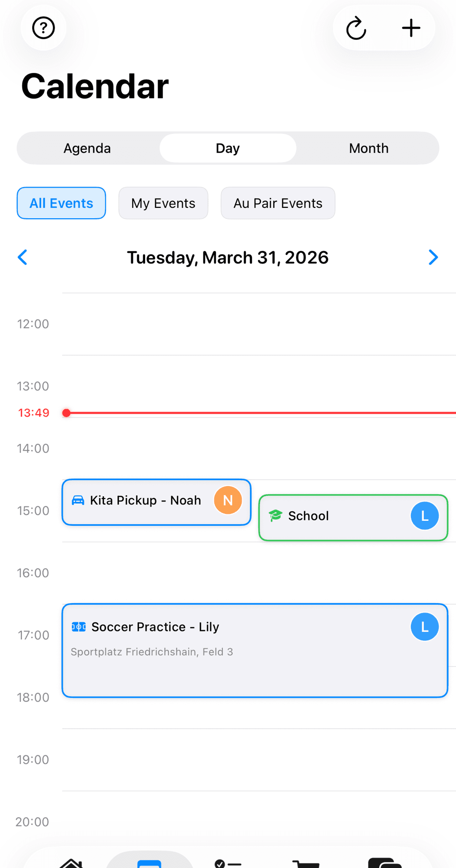 AuPairSync calendar day view showing Kita Pickup for Noah, School for Lily, and Soccer Practice with location