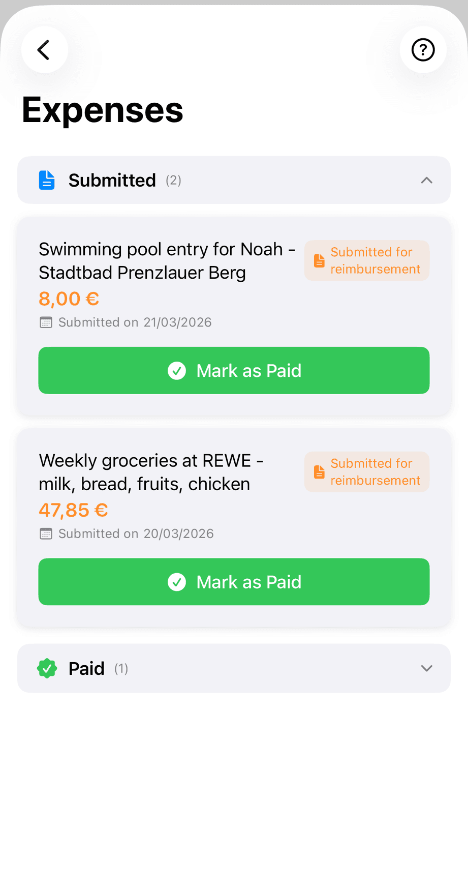 AuPairSync expenses view showing submitted reimbursements for swimming pool and groceries with Mark as Paid buttons