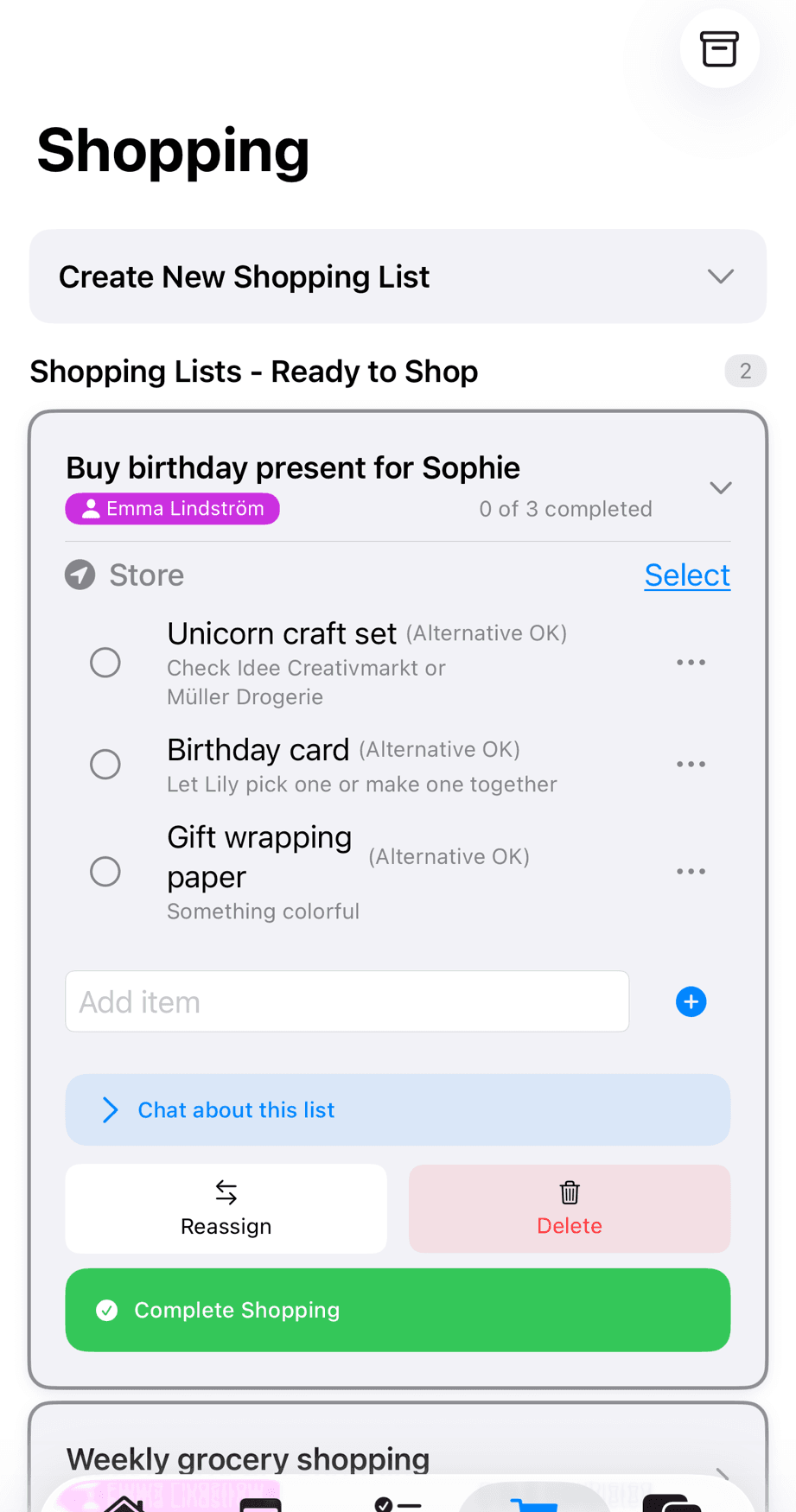 AuPairSync shopping list showing birthday present items for Sophie with notes and alternatives