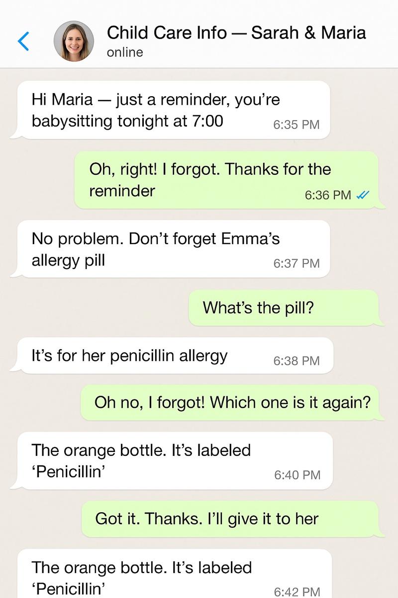 WhatsApp conversation showing Sarah reminding Maria about babysitting, then Maria asking about Emma's allergy pill - confusion about which medication, which bottle, scattered information