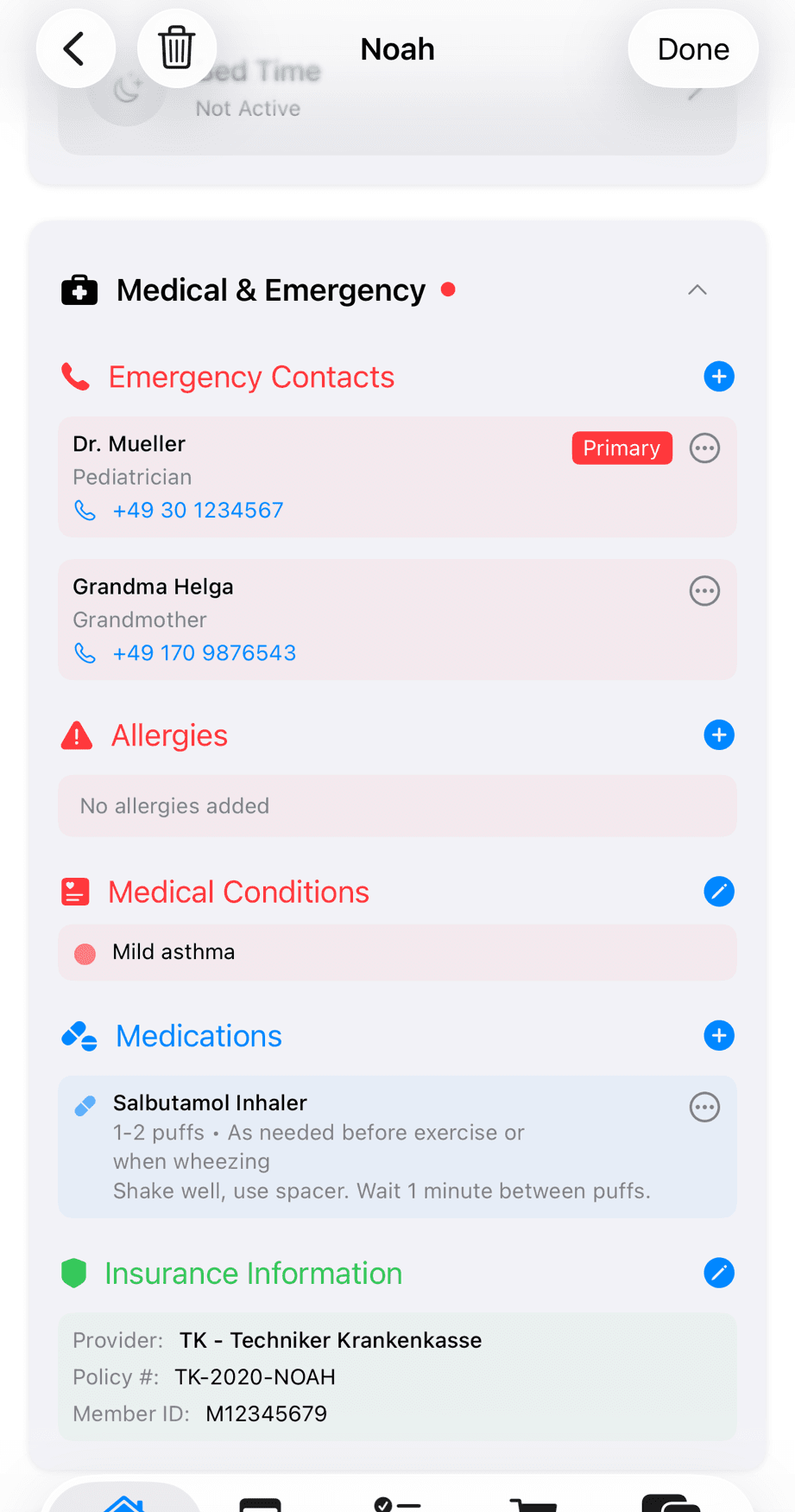 Screenshot of medical information tab showing allergies, current medications, and dosage instructions