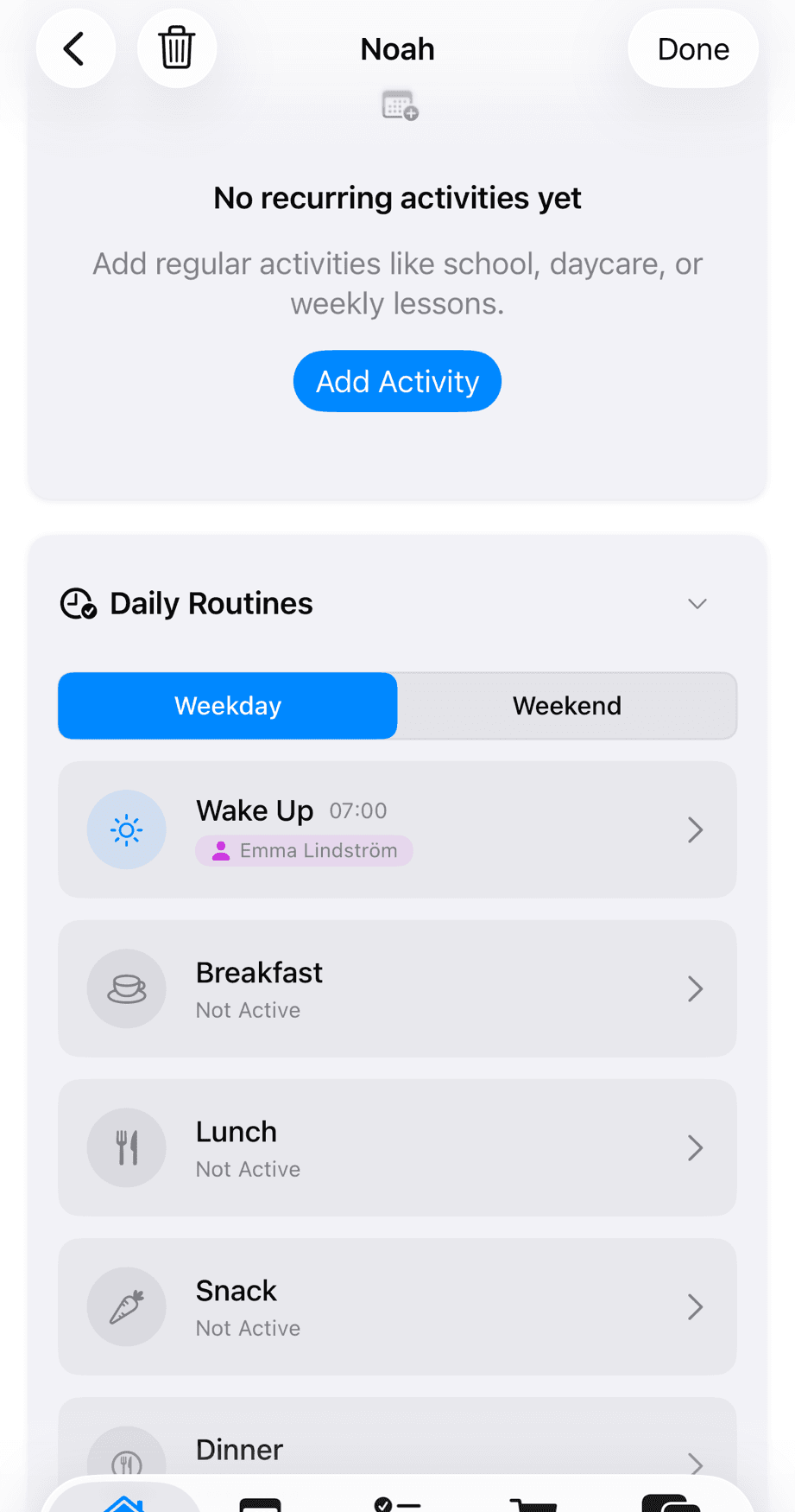 Child profile showing recurring activities section and daily routines with weekday and weekend tabs