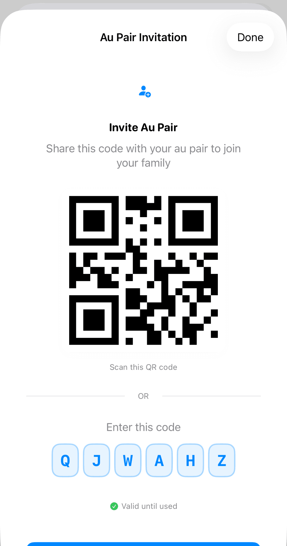 Au-pair invitation screen showing QR code and invitation code (85ABE9) that Sarah shares with Maria to join the family