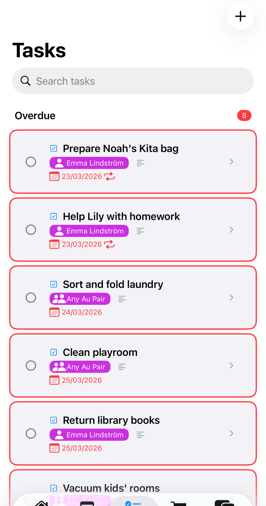 Maria's task list showing Today section with 2 tasks (Clean kitchen, Tidy up kids room) and Tomorrow section with Vacuum living areas, all assigned to Maria Rodriguez
