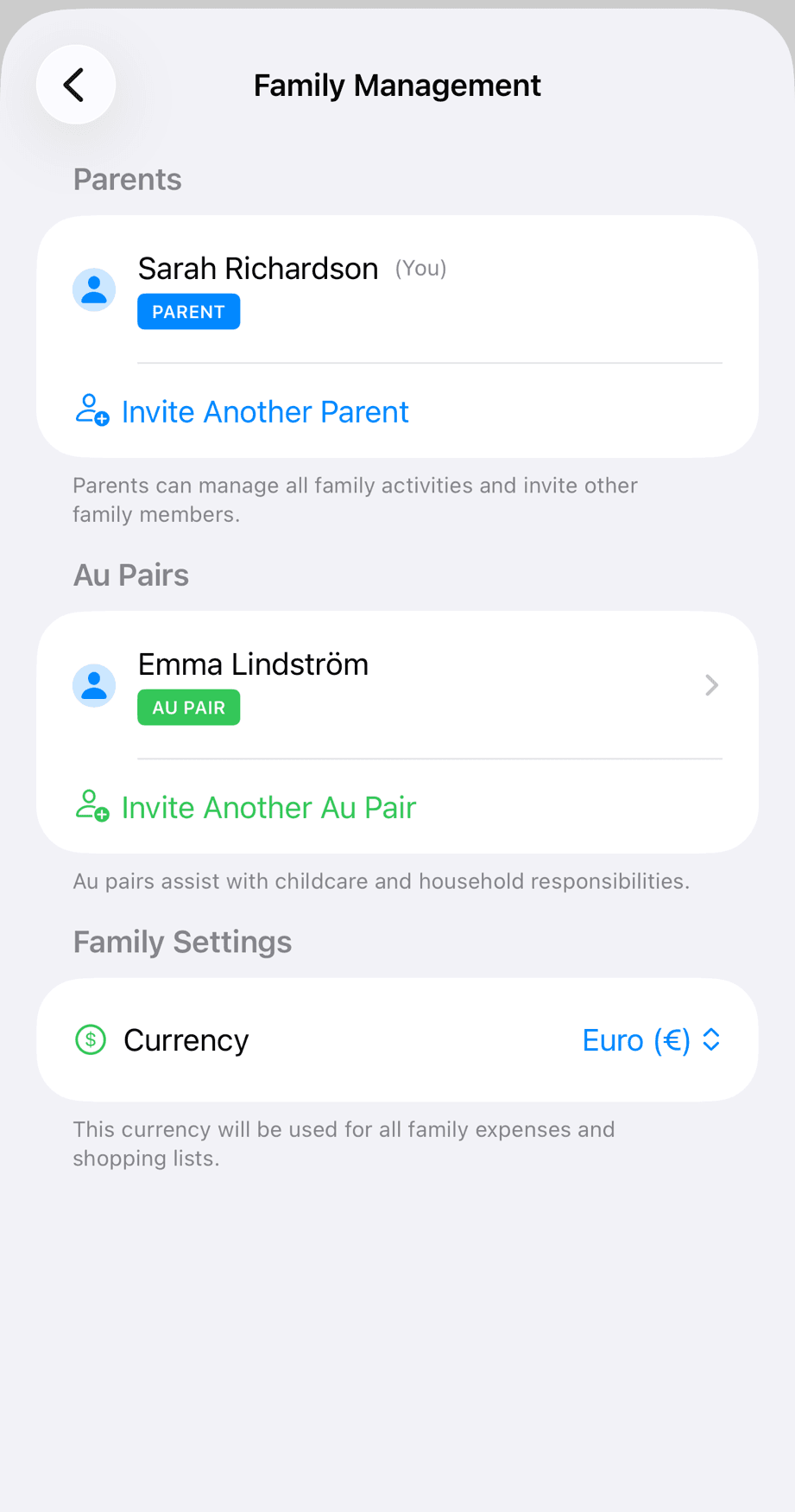 Family Members screen showing Sarah (Parent) and Maria Rodriguez (Au Pair) with Invite Another Parent button