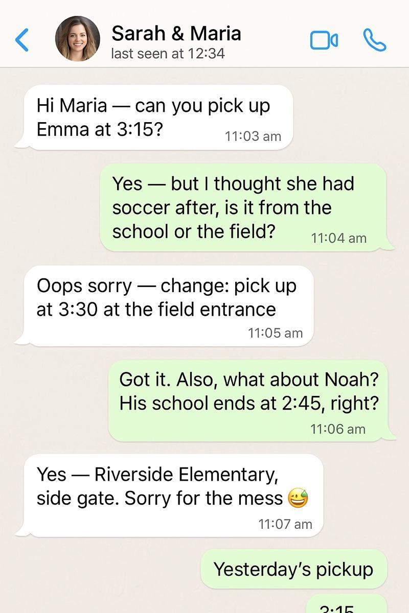 WhatsApp conversation showing pickup coordination chaos - last-minute changes, confusion about locations and times