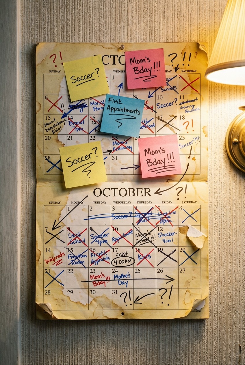 Paper calendar with scribbles and crossed-out entries, multiple calendars out of sync