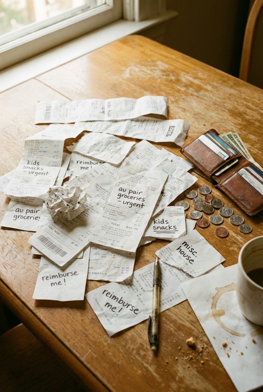 Crumpled receipts scattered on table, unclear spending and reimbursement arguments