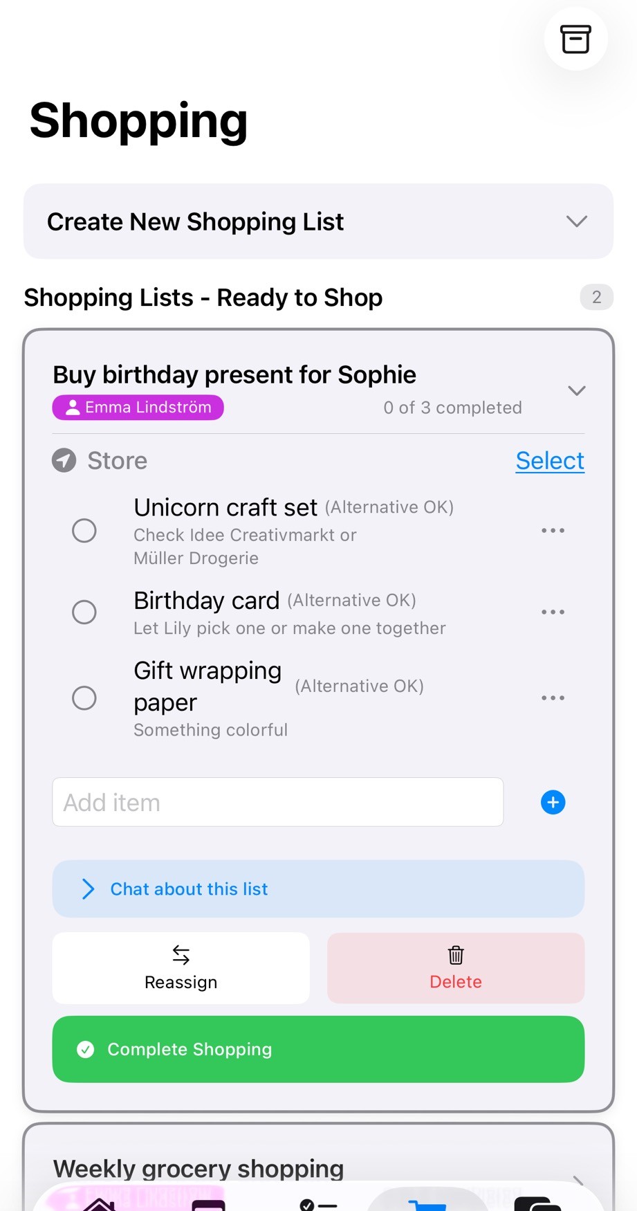 Shopping list with receipt photo upload and expense tracking built-in