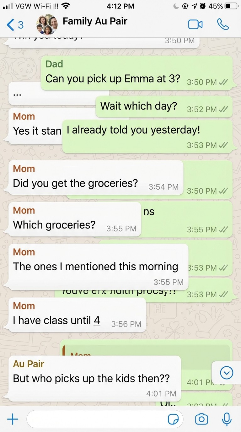 Chaotic WhatsApp group chat with lost task messages and verbal instructions forgotten