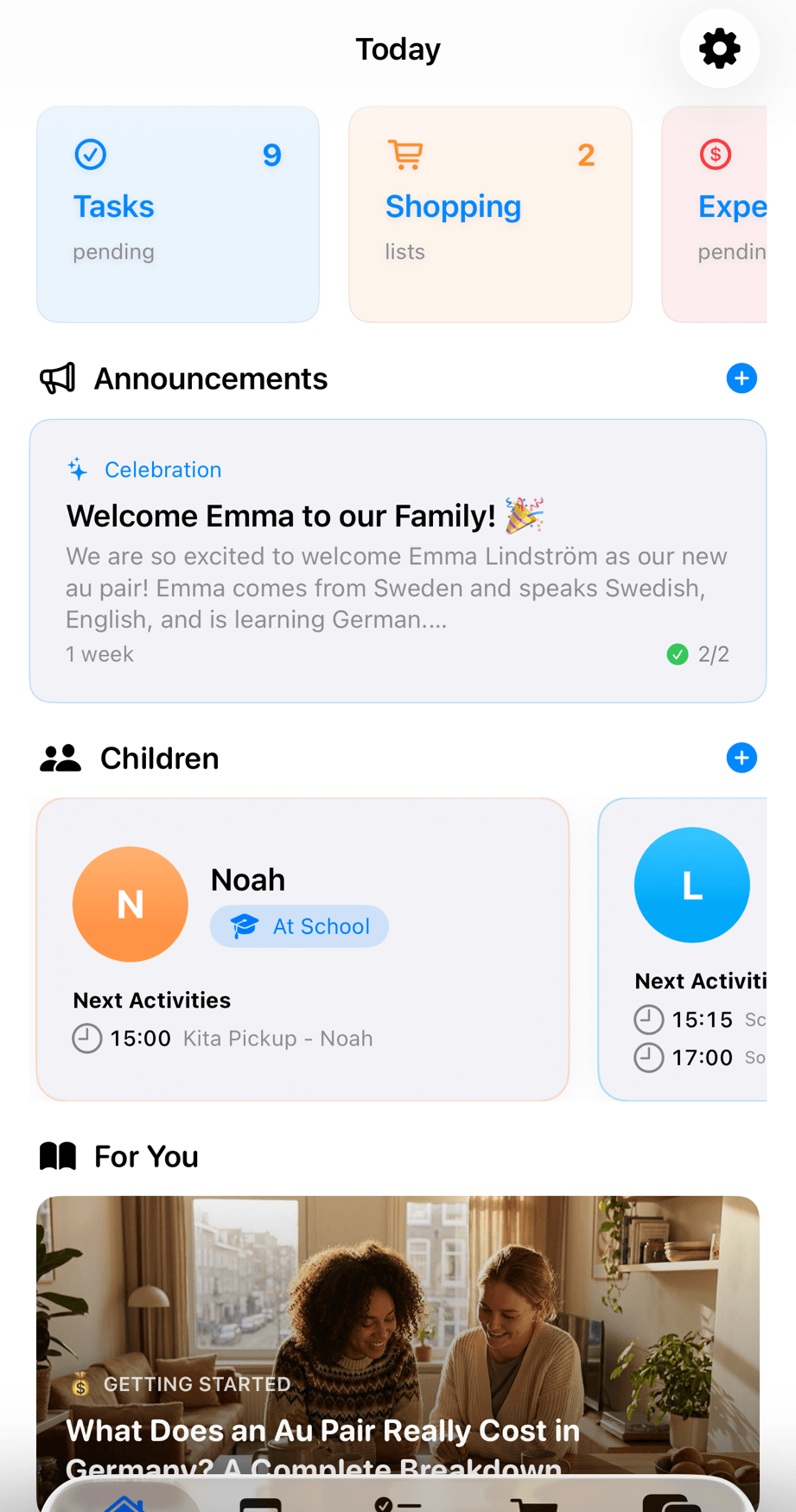 AuPairSync dashboard showing Tasks, Shopping, Announcements with welcome message, Children section with Noah at school, and For You articles
