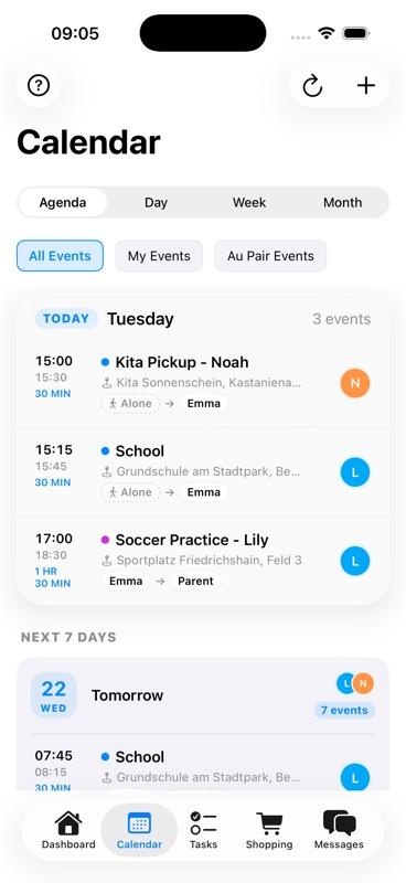 Calendar agenda view showing today's events with Kita Pickup, School Pickup, and Soccer Practice linked to children and family members