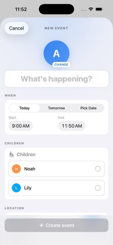 New Event creation form with title, date picker, time range, children selection, and family member assignment