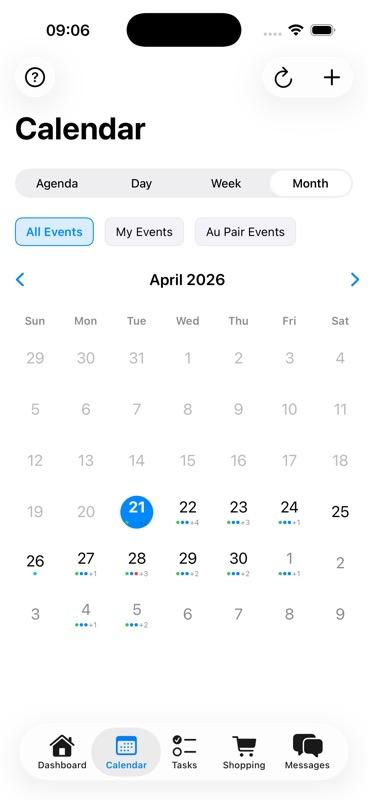 Calendar month view showing March 2026 with color-coded event dots for each day and navigation between months