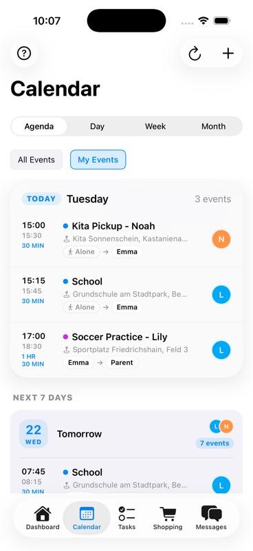 Calendar agenda view with My Events filter active, showing only the parent's relevant events across multiple days