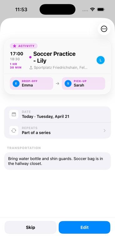 New Recurring Activity form showing Soccer Practice with per-day scheduling, time settings, and bring/pickup assignment