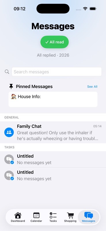 Family Chat with pinned House Info, welcome messages from Emma Lindström, and medical question about Noah's inhaler