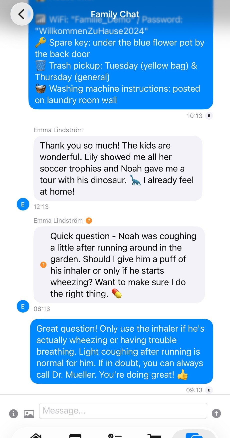 Family Chat with conversation between parent and au pair about children's activities and medical questions