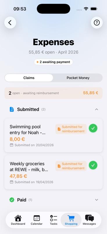 Parent reviewing an expense claim with receipt photo and reimbursement button