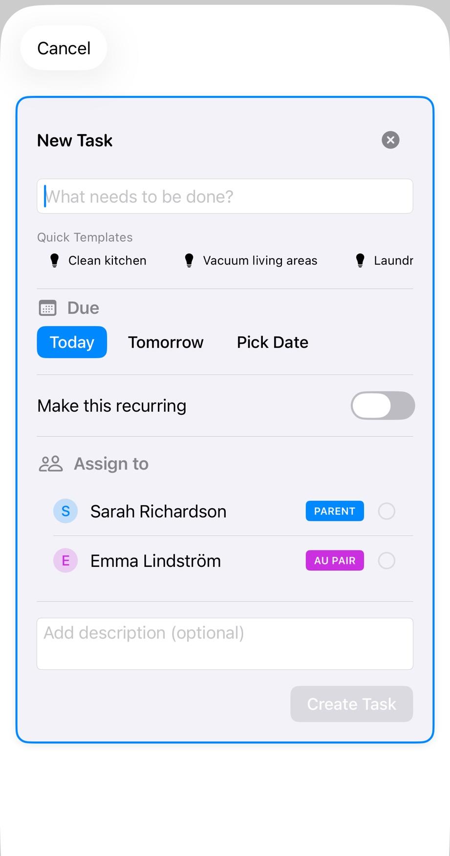 New Task form showing Today, Tomorrow, and Pick Date due date options with recurring toggle