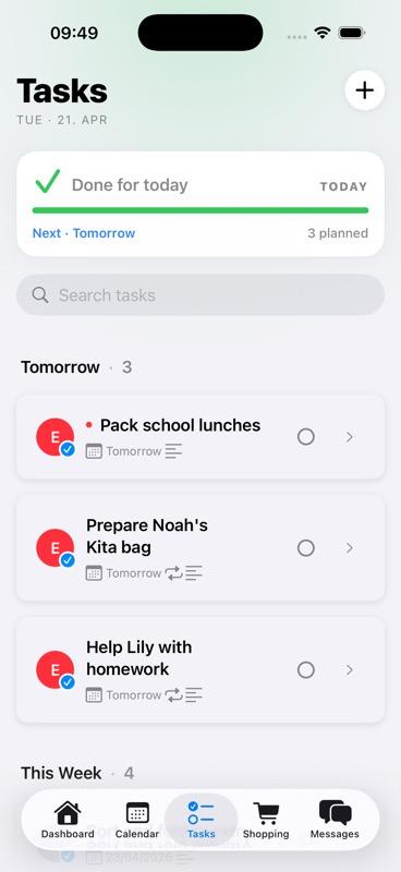 Task list showing overdue tasks assigned to Emma Lindström and Any Au Pair with dates and search