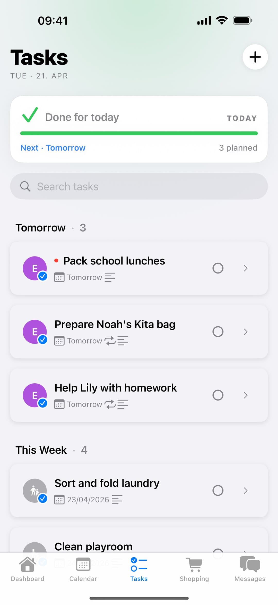 AuPairSync task list in the iPhone app: tasks for tomorrow and this week