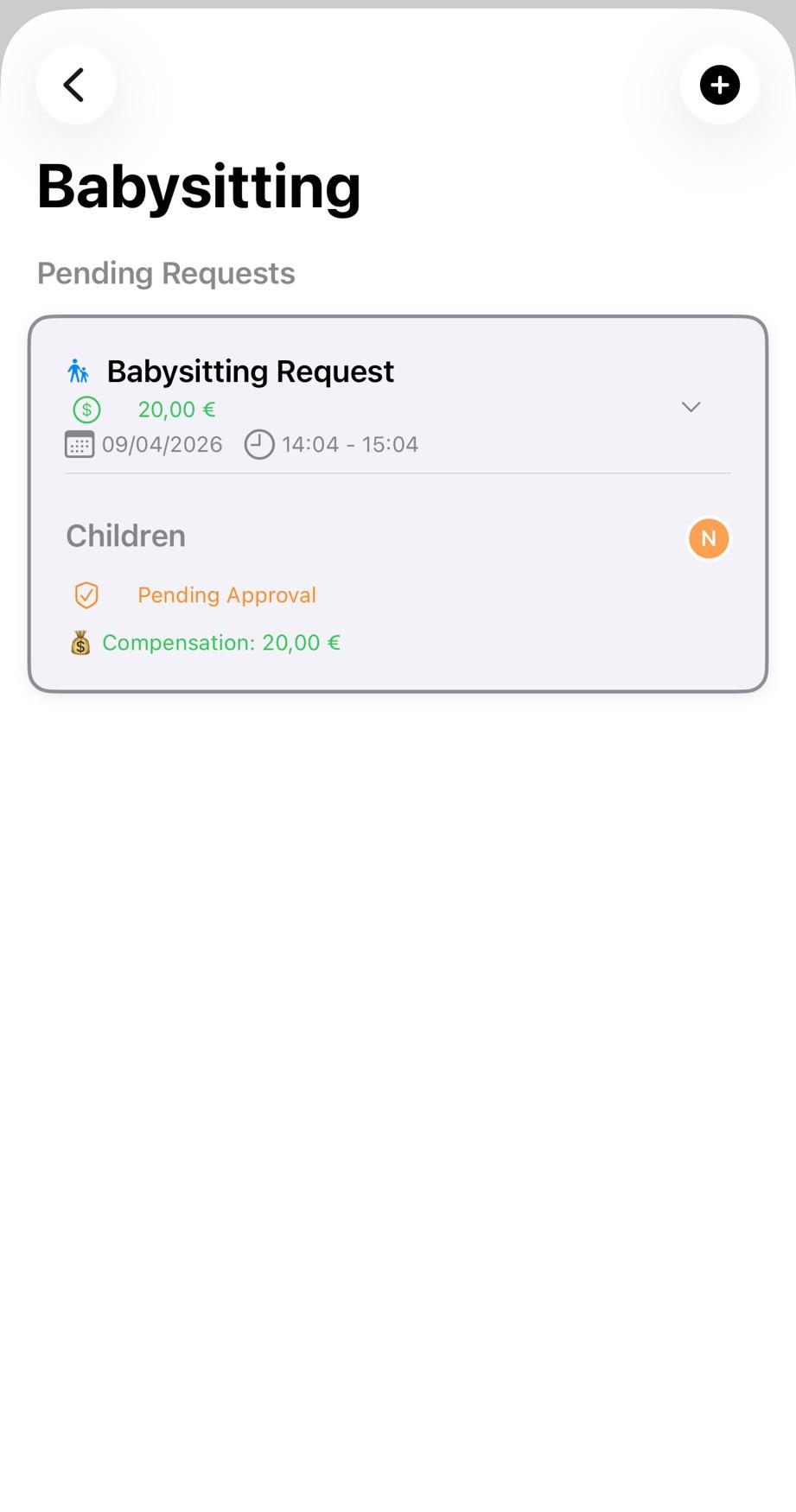 Screenshot of babysitting request creation form showing date, time, duration, and special instructions fields