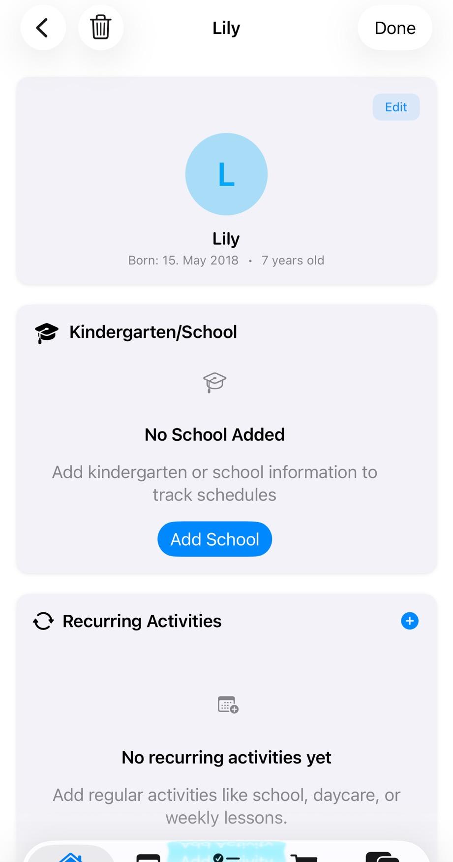 Screenshot showing au pair opening child profile directly from babysitting task