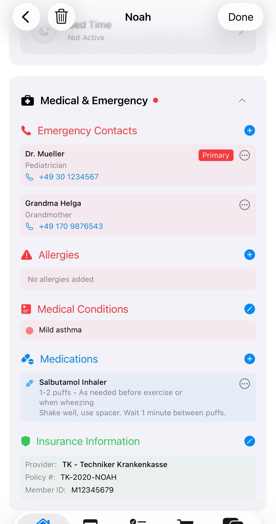 Screenshot of emergency contacts view showing pediatrician, hospital, and parents phone numbers