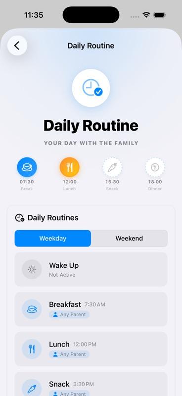 Child profile showing recurring activities section and daily routines with weekday and weekend tabs