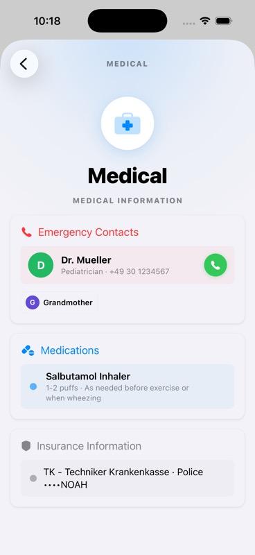 Child profile Medical & Emergency section showing emergency contacts, allergies, medical conditions, medications, and insurance information