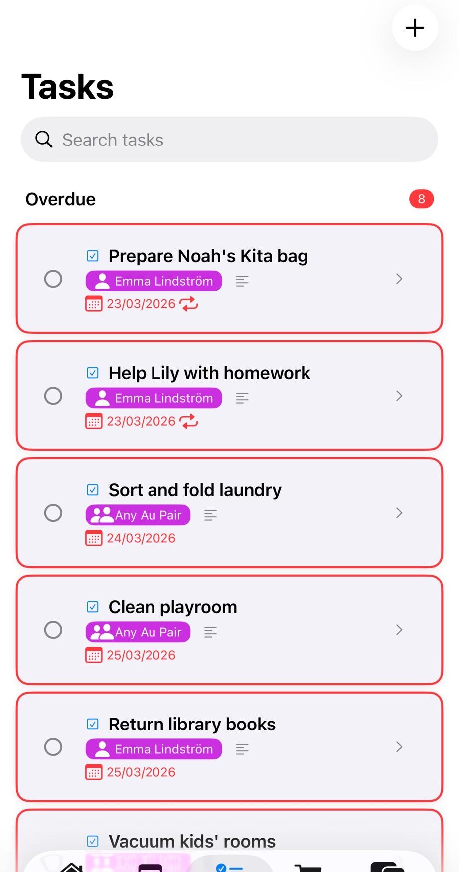 Task list showing tasks from both Jennifer (green tag) and David (blue tag) with household context clearly labeled