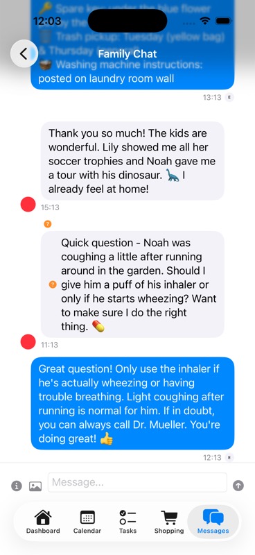 Family Chat showing real-time conversation between parent and au pair