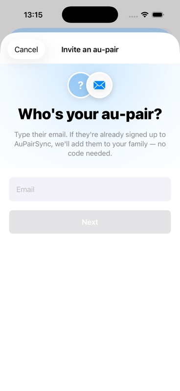 Au Pair Invitation screen showing QR code, 6-character code NVLMJJ, Valid until used badge, and Share Invitation button