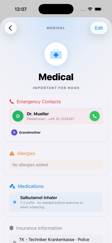 Child profile showing Medical & Emergency section with Emergency Contacts, Allergies (Peanuts), Medications (Aspirin), and Insurance Information