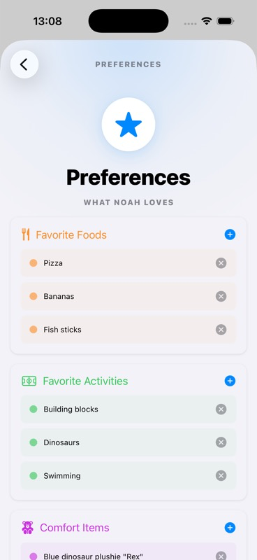 Preferences section showing Favorite Foods (Pizza), Favorite Activities (Reading), Comfort Items, and Friends & Playdates