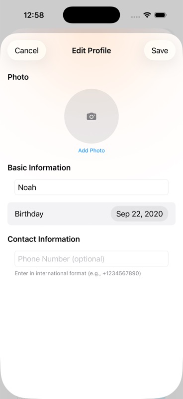 Add Child form showing photo picker, name field, and birthdate calendar