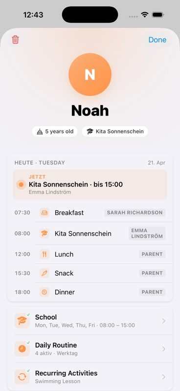 Child profile overview showing Kindergarten/School section with Add School button, and Recurring Activities section with Add Activity button
