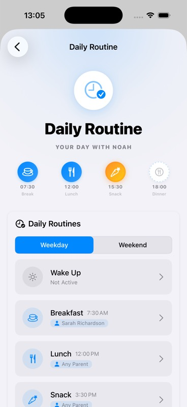 Edit Routine screen showing Wake Up routine at 07:00 with time picker, Assign to section with Parent and Au Pair options, and Notes field