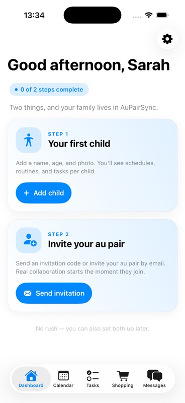 Empty dashboard showing Add Your First Child button and Invite Your Au Pair card