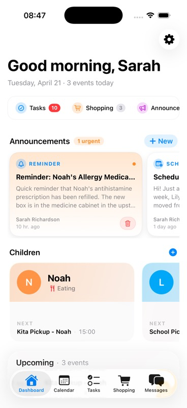 Populated dashboard showing Announcements section with urgent reminder, Children section with Noah (At School) and Lily cards showing next activities, and Babysitting Requests