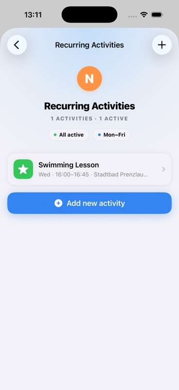 New Recurring Activity form showing Soccer Practice at Bloombury Fields, with Tuesday enabled at 10:20-11:20, Brings and Picks up assignment options