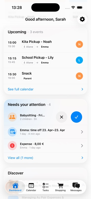 The family dashboard showing a pending time-off request from Emma with Approve and Deny buttons