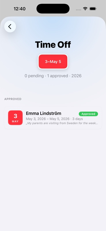 The Time Off list showing Emma's request with a green Approved badge
